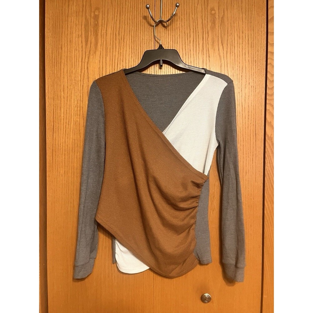 Colorblock Waffle Knit - White Brown & Gray - Long Sleeve Top Size XL
